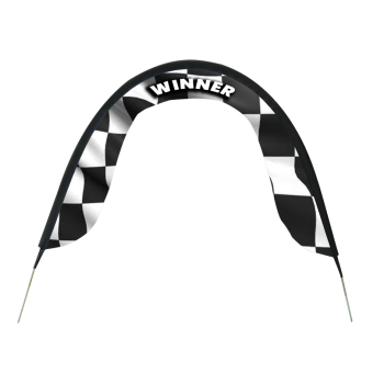 Racing Air Gate Arch – black and white racing air gate with winner print.