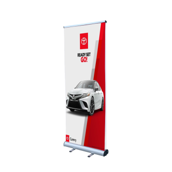 Double sided stand up banners with vibrant graphics for trade shows and retail displays