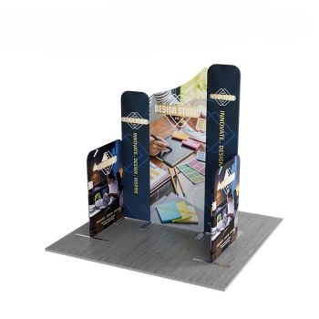 Exhibition booth with modern architecture graphic on tall side panels