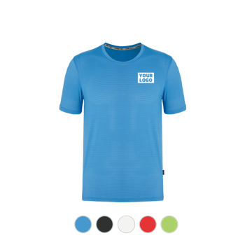 Quick-Dry Ice Silk T-Shirt, Light Blue, Logo Mockup Red, Black, White Swatches Display
