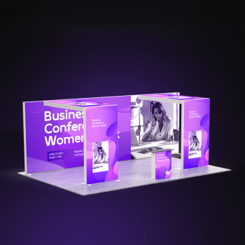 Modular trade show with Backlit, Two L-shaped side panels & Counter tables