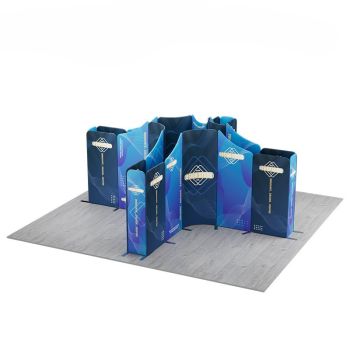 X-shaped modular exhibition booth with printed fabric panels