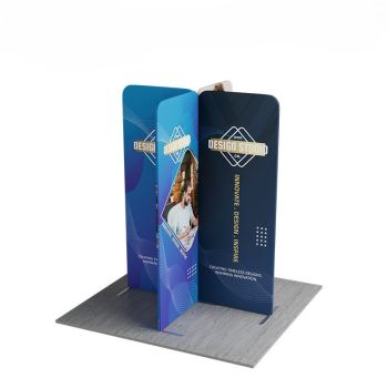 Compact trade show booth with dual standing panels on gray flooring