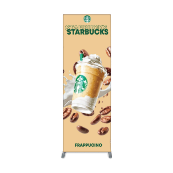 Standard fabric banner stand with a promotional graphic and a square top