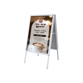 A-Frame Stand 1.83' W × 2.33' H, double-sided aluminum frame with snap-open design for portable indoor & outdoor signage