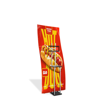 3.3ft S-shaped curved display stand with internal shelves and snack graphic, angled view.