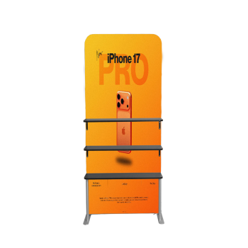 3ft tension fabric display rack with phone branding graphic and multiple shelves, front view.
