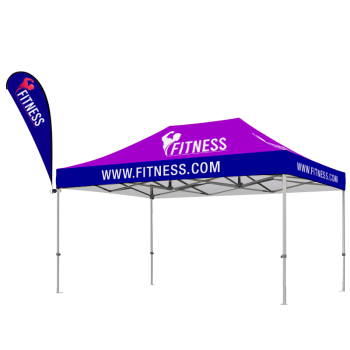 10x15 branded pop-up canopy tent with top and feather flag for marketing events