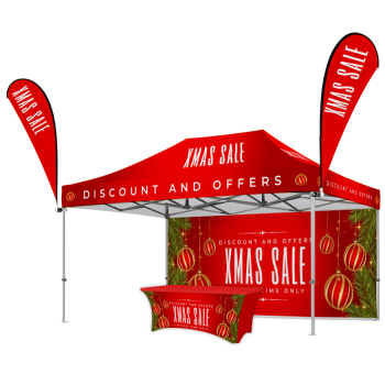 Pop Up Canopy 10x15 With Top & Back Wall & Two Flags & Table Cover 