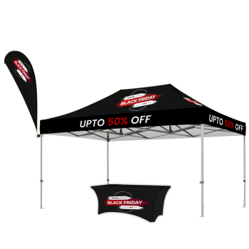 10x15 Custom Pop-Up Tent with Printed Canopy Top, Feather Flag & Table Cover for Outdoor Events