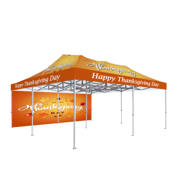 20x20 branded canopy tent with custom printed top and full back wall, ideal for outdoor events, trade shows, and brand visibility