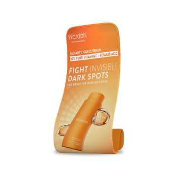 Fabric banner with skincare product ad and orange curved stand background