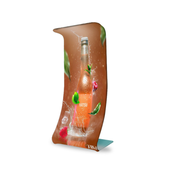 Upright fabric banner stand with red festive graphic