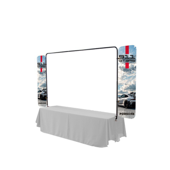 Vertical display stand with side panel banner for tabletop branding