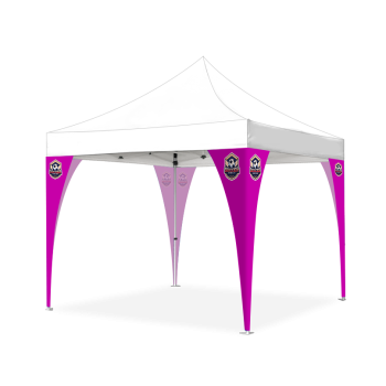 Tent leg cover with custom printed branding installed on pop-up canopy