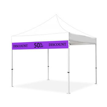 Tent valance banner with custom-printed discount message on canopy