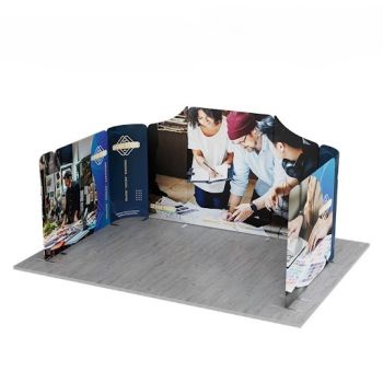 Three-panel curved booth display with lifestyle graphics